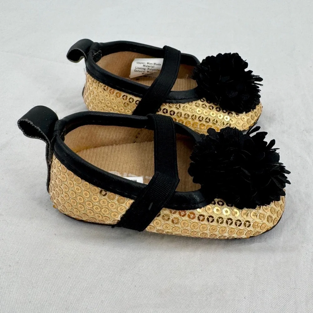 Vintage Esprit Baby Gold Sequin Black Flower Mary Jane Crib Shoes 0-6 Months